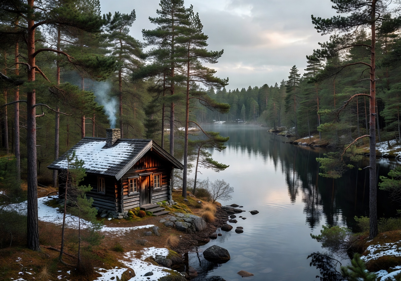 Cozy wooden cabin nestled among pine trees beside a tranquil Norwegian lake
