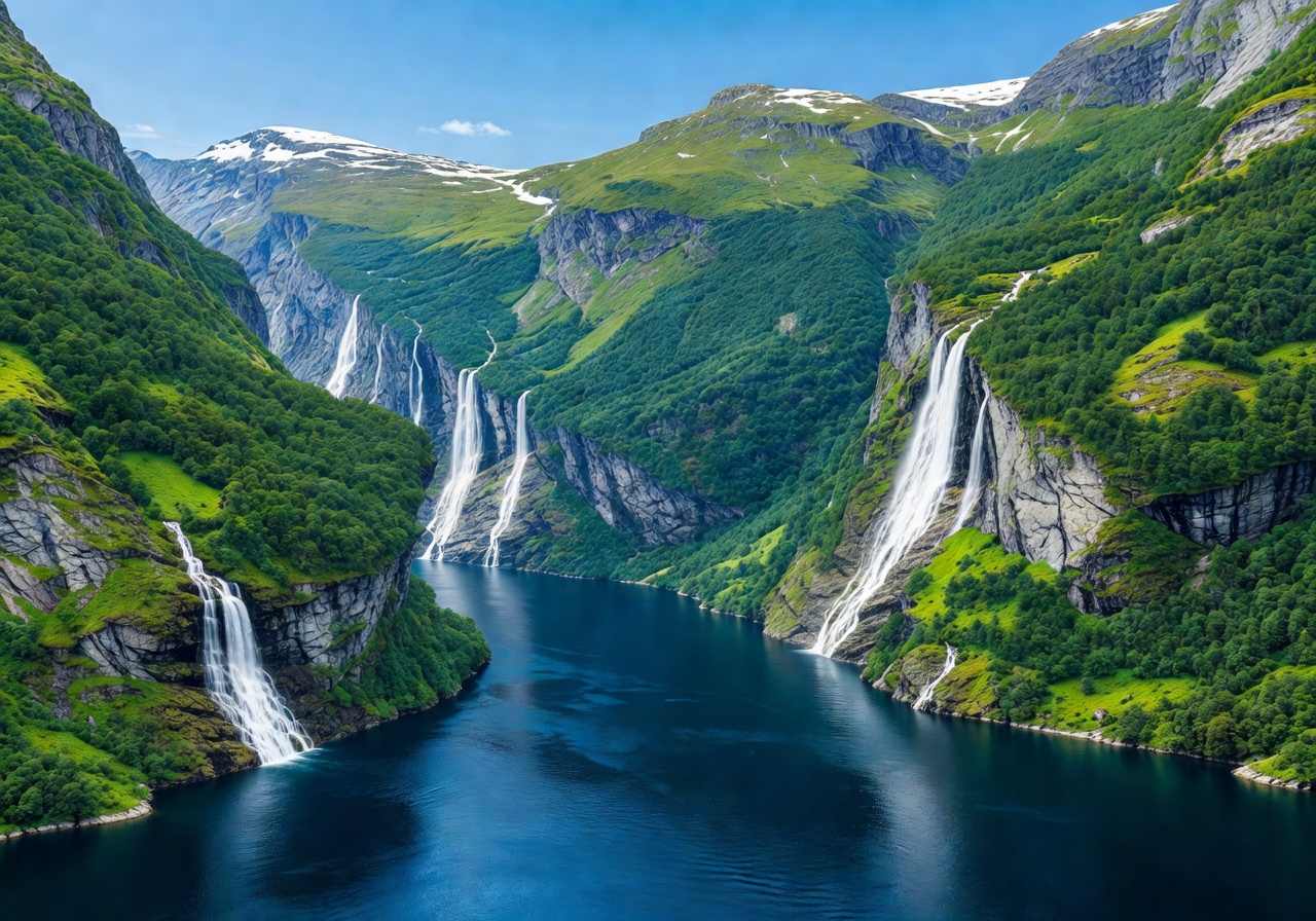 Geirangerfjord panorama with deep blue waters flanked by lush green mountains and waterfalls