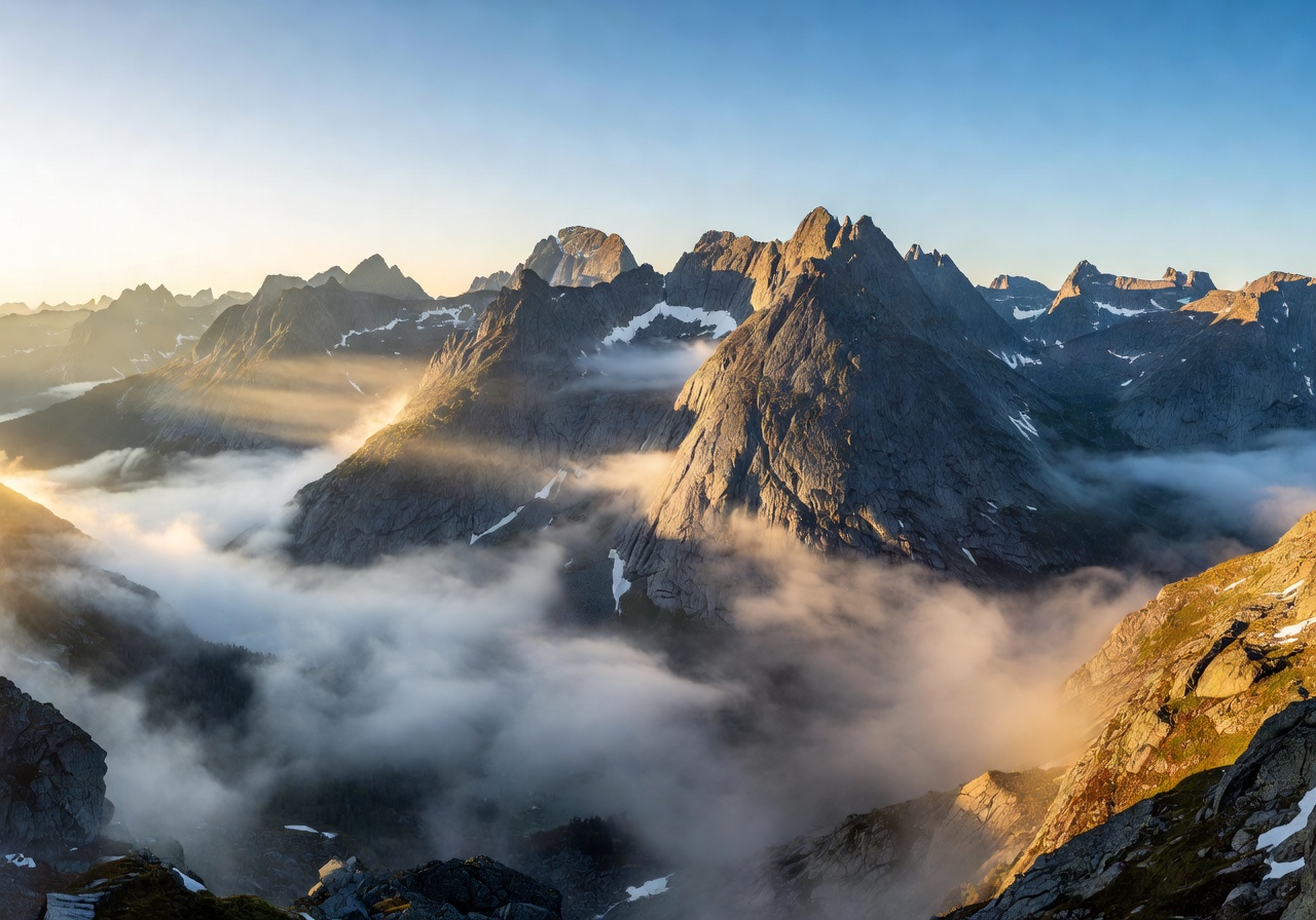 Majestic Norwegian mountain sunrise with golden light illuminating peaks and misty valleys