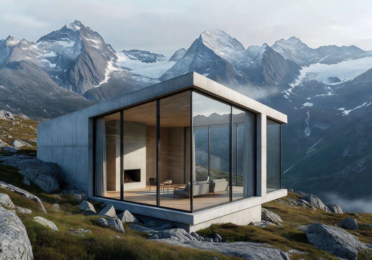 Modern mountain retreat with large windows looking out at Norwegian highland peaks