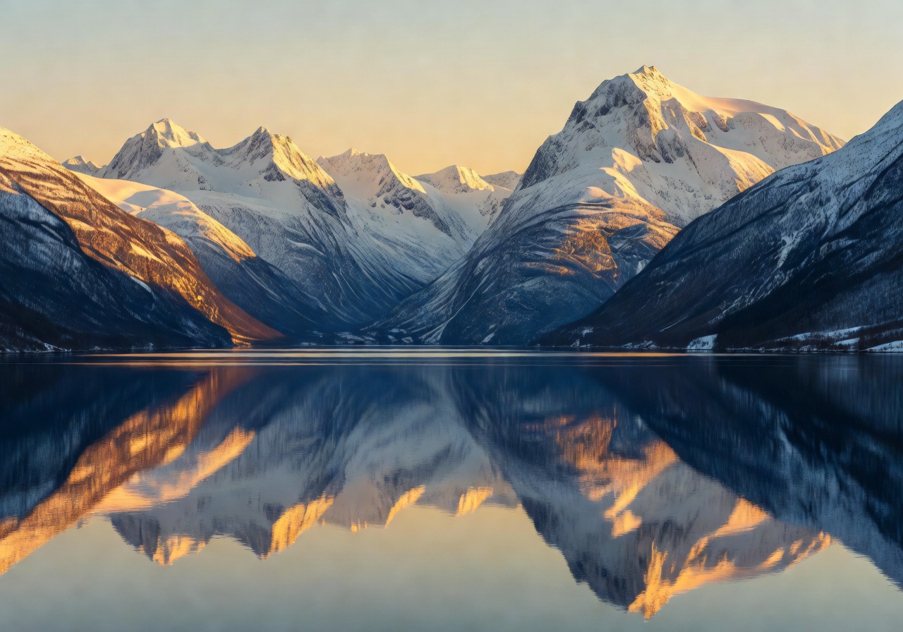Norwegian fjord surrounded by snow-capped mountains at golden hour with calm reflective water
