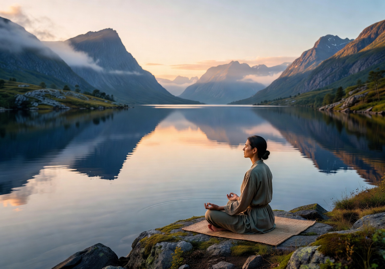 Person meditating peacefully beside a calm Norwegian mountain lake at sunrise