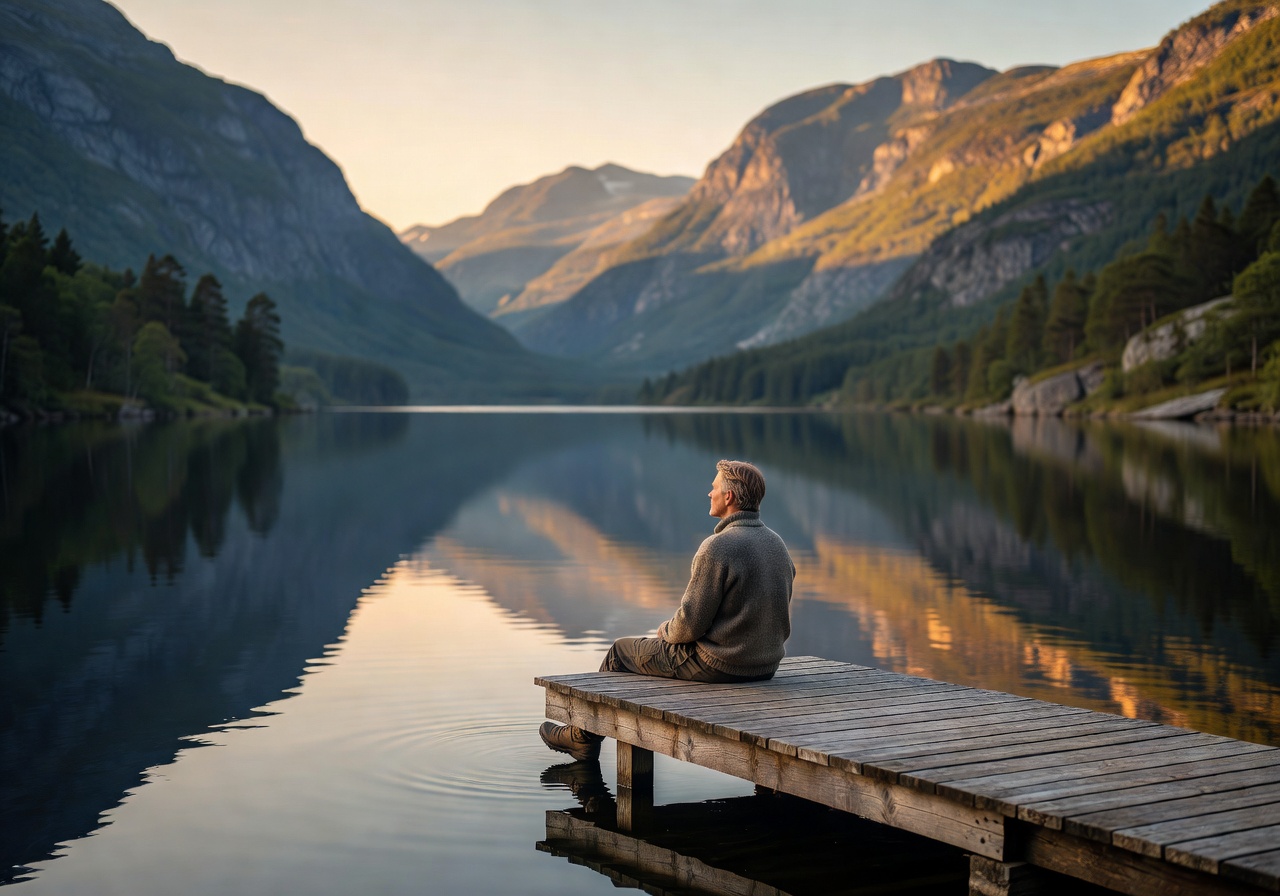Person sitting peacefully on a wooden dock by a calm Norwegian mountain lake at golden hour