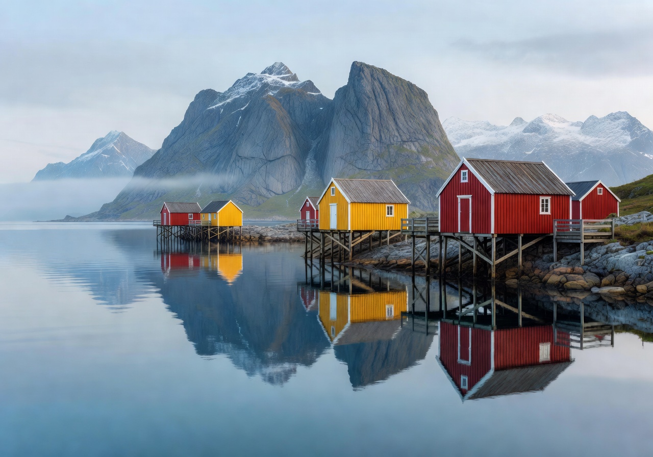 Red and yellow rorbu fishing cabins reflected in still Arctic waters at Lofoten Islands