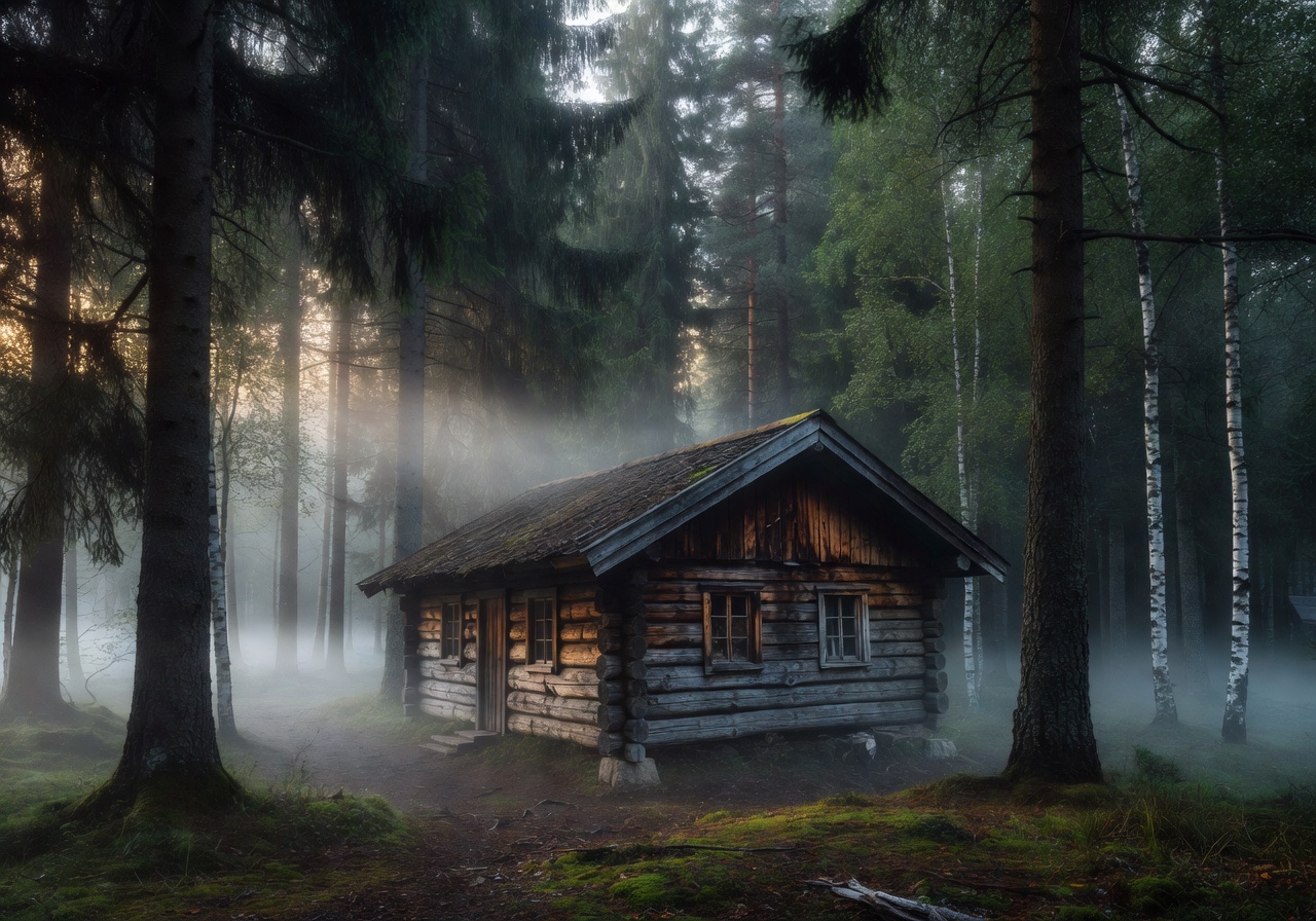 Rustic wooden cabin surrounded by dense Norwegian forest with morning mist