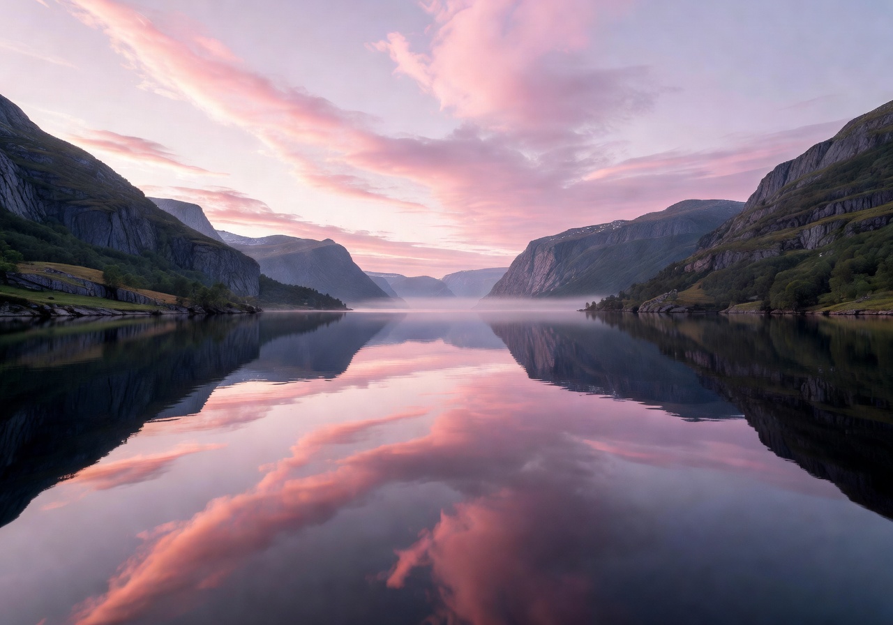 Serene Norwegian fjord at dawn with soft pink and purple clouds reflected in calm water