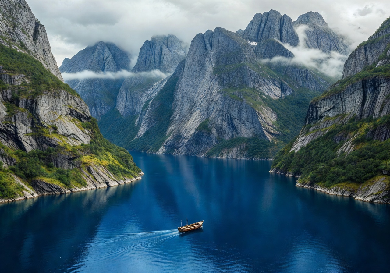 Dramatic Norwegian fjord with steep mountain cliffs reflecting in deep blue water
