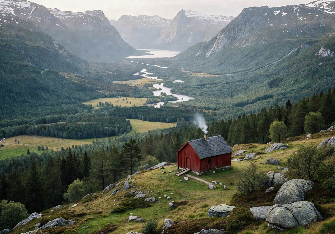 Small red cabin perched on a hillside overlooking a wide Norwegian valley