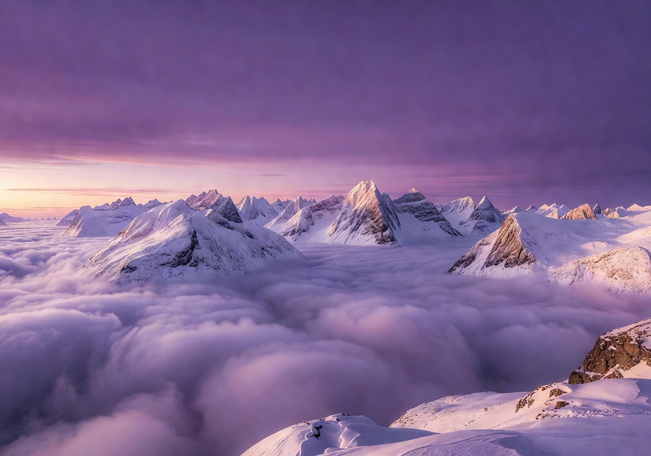 Snow-dusted Norwegian mountain peaks above the clouds at sunrise with purple sky