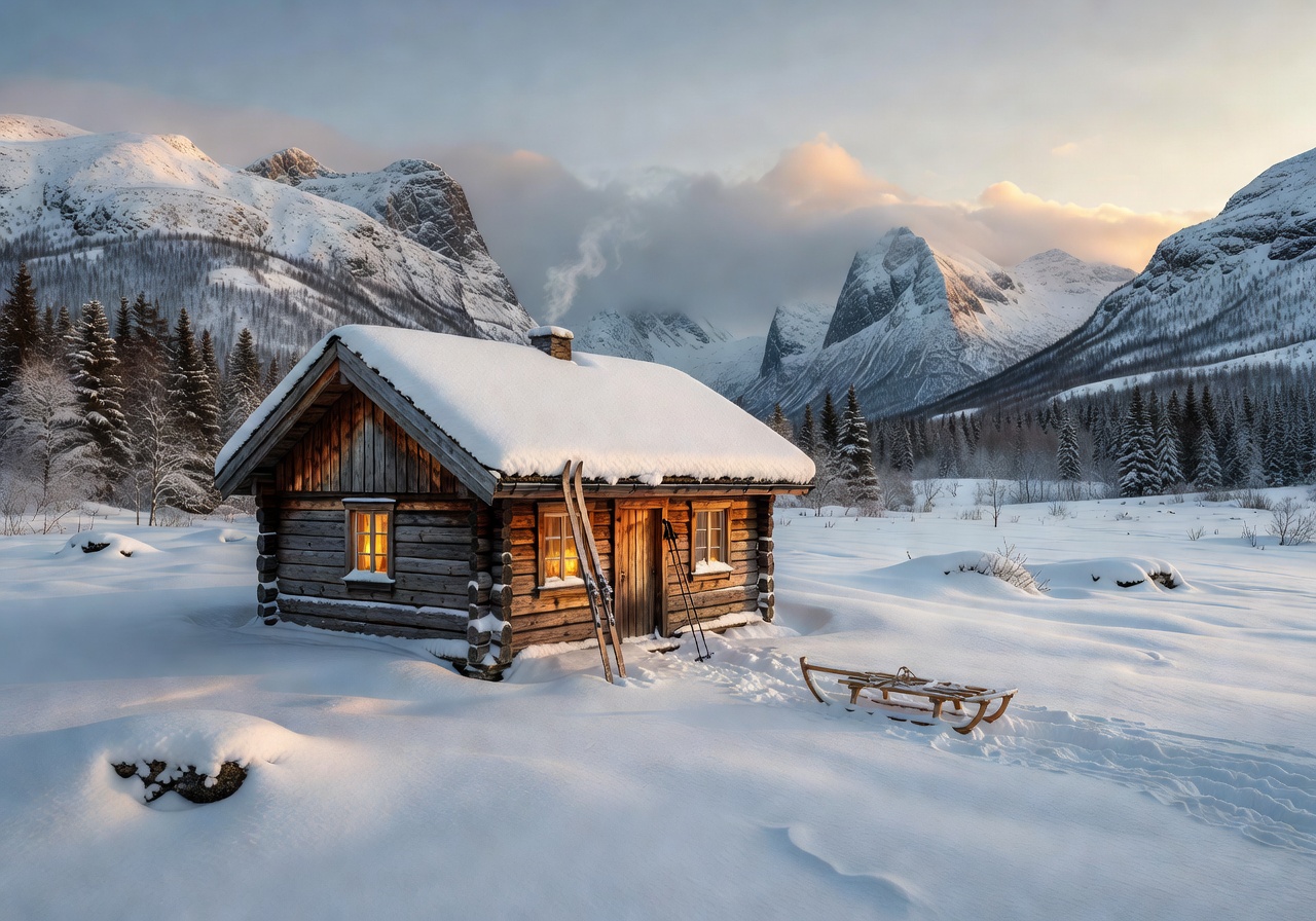 Snowy Norwegian landscape with a cozy wooden cabin perfect for winter adventure activities