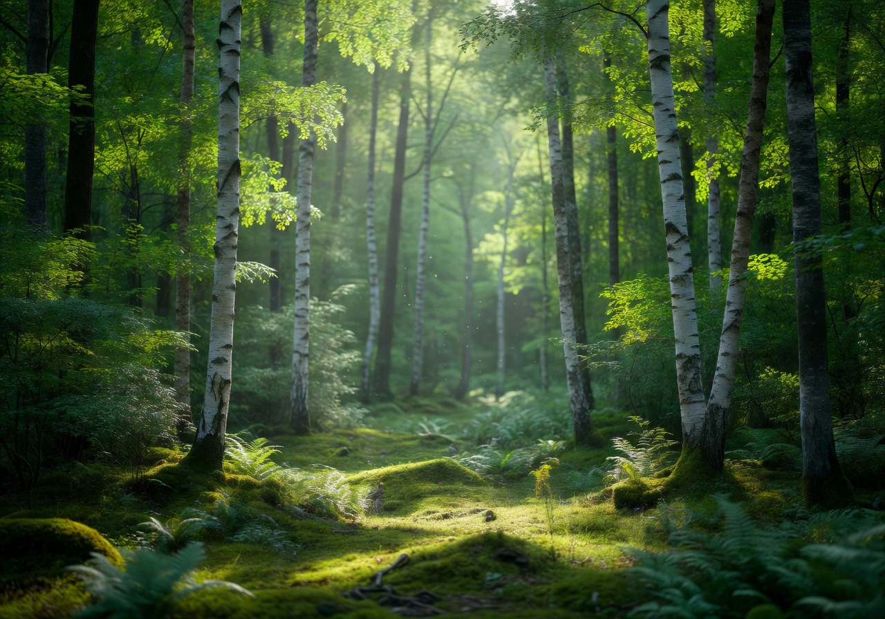 Soft light filtering through a peaceful Norwegian birch forest with green foliage