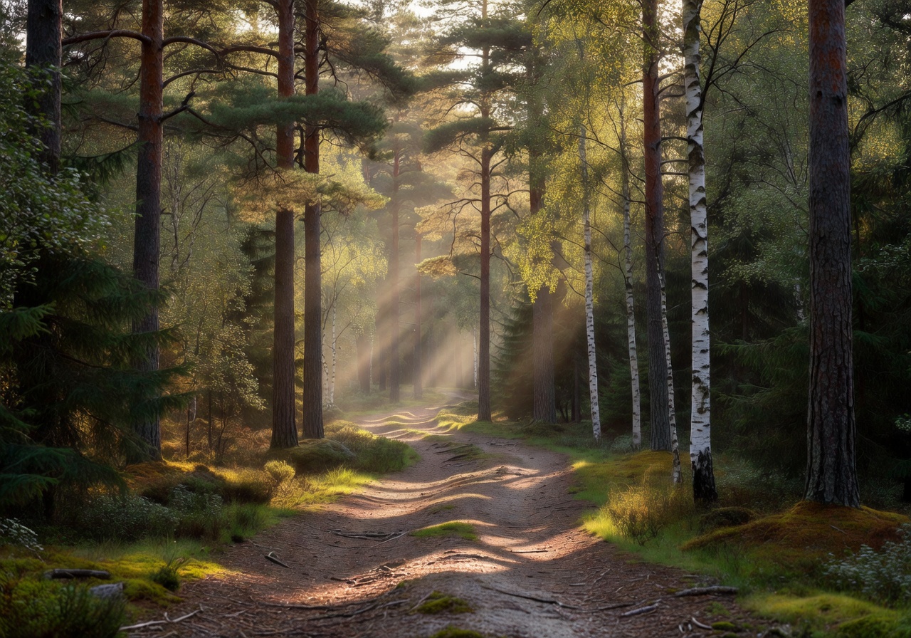 Sunlight filtering through tall Norwegian pine and birch trees on a peaceful forest trail