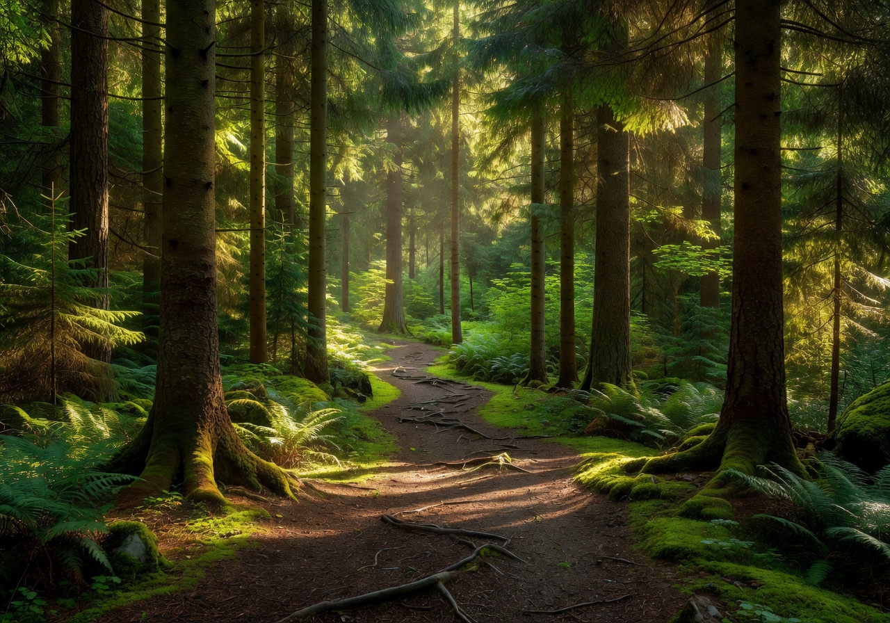 Calm Norwegian forest with sunbeams streaming through tall evergreen trees