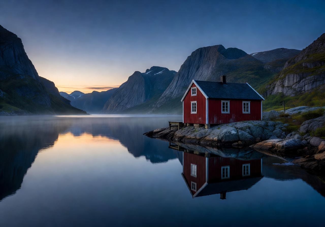 Traditional red Norwegian cabin overlooking a calm fjord at dusk with mountain reflections